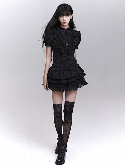 Pointed Flat Collar Curved Hem Gothic Puff Sleeves Blouse Pattern Black Striped