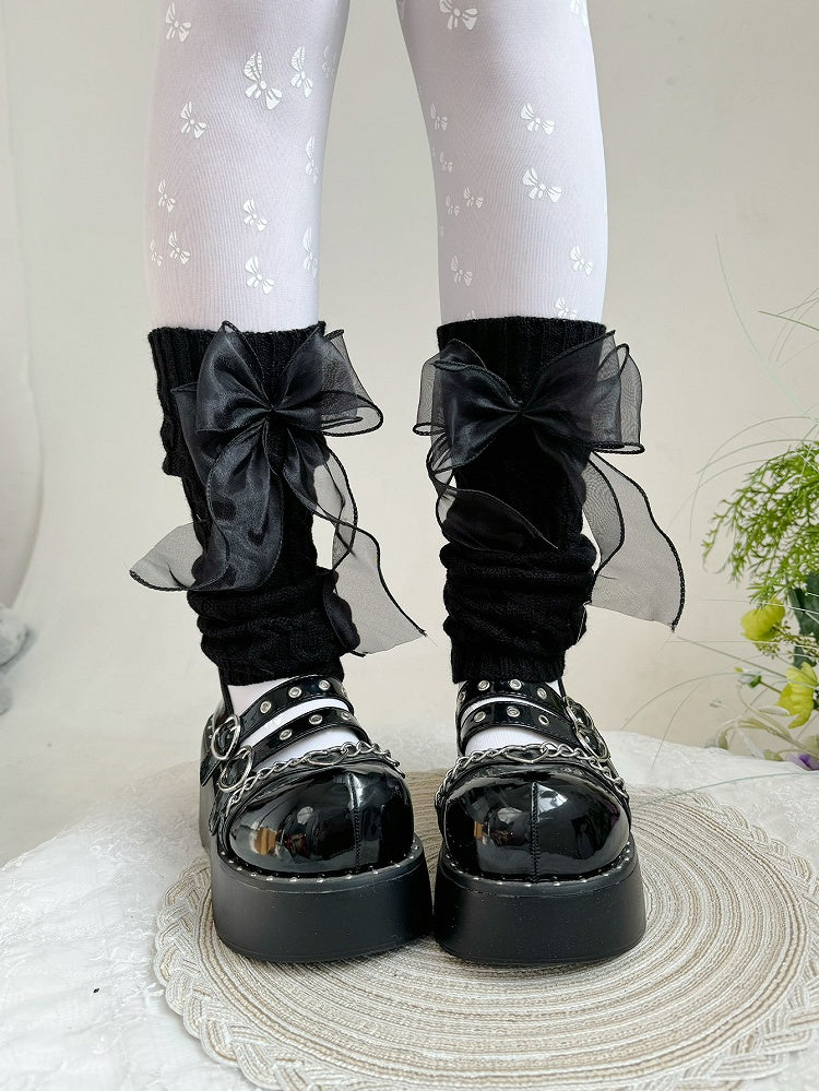 Schwarz/Weiße Lolita-Beinwärmer mit Organza-Schleife