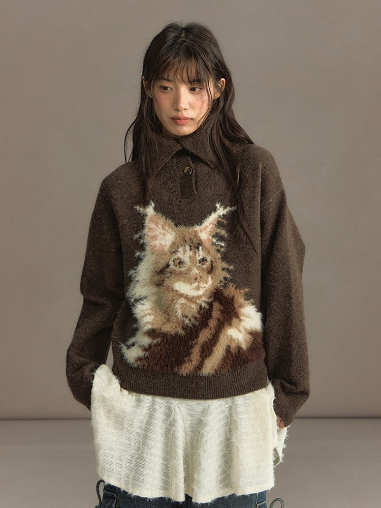 Beige/Brown Cozy Loose-Fit Pullover Sweater with Cat Design and Convertible Collar
