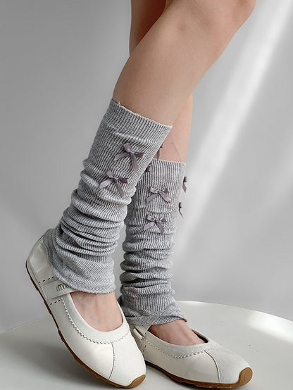 Details Leg Bowknot Gray/White Warmers Knitted