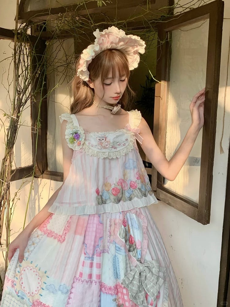 Bunny Embroidery Light Pink Sweet Tulip Top