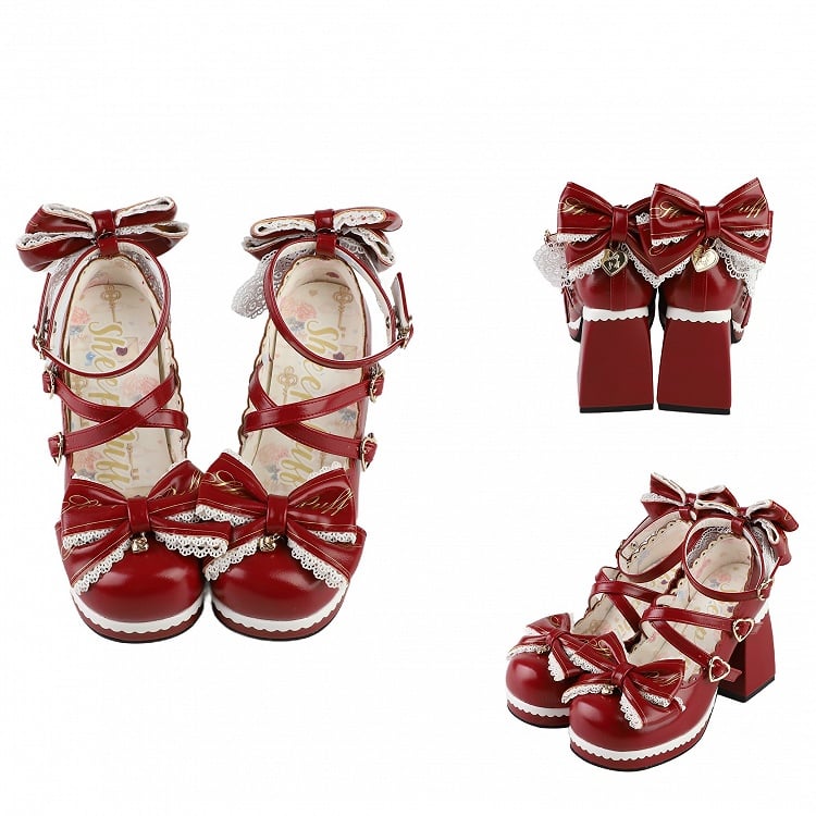 at Crisscross Design Red Block High Detachable Heels Heart Top Bow Buckles