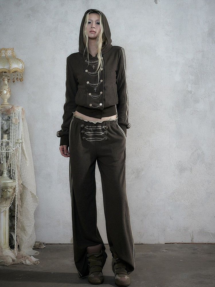 Khaki Green Double-Breasted Straight Leg Sweatpants with Lace Trim, Punk Style - NO ROMANCE
