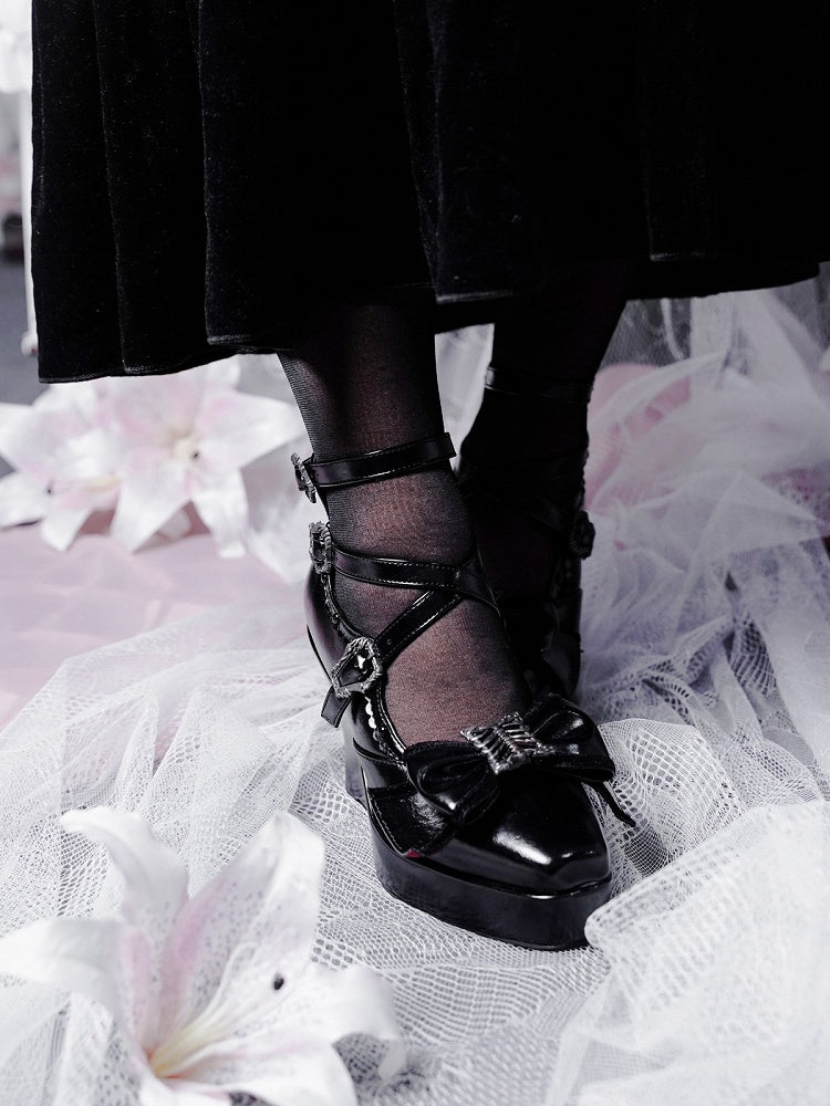 Elegant Gothic Lolita Black Shoes with Butterfly Bow & 10cm Slope Heel - sphenoid