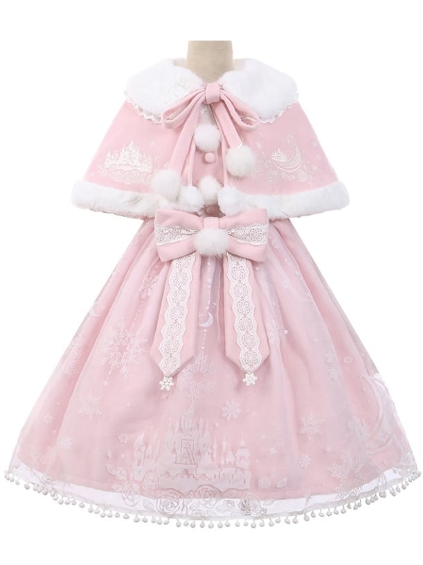 Moon with Set Snow Lace Dress Jumper Print Overlay Cape Trim Pink Plush Castle Lolita Skirt