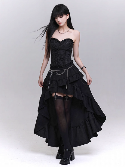 ブラックのカスケーディングフラウンストリムハイロースカート