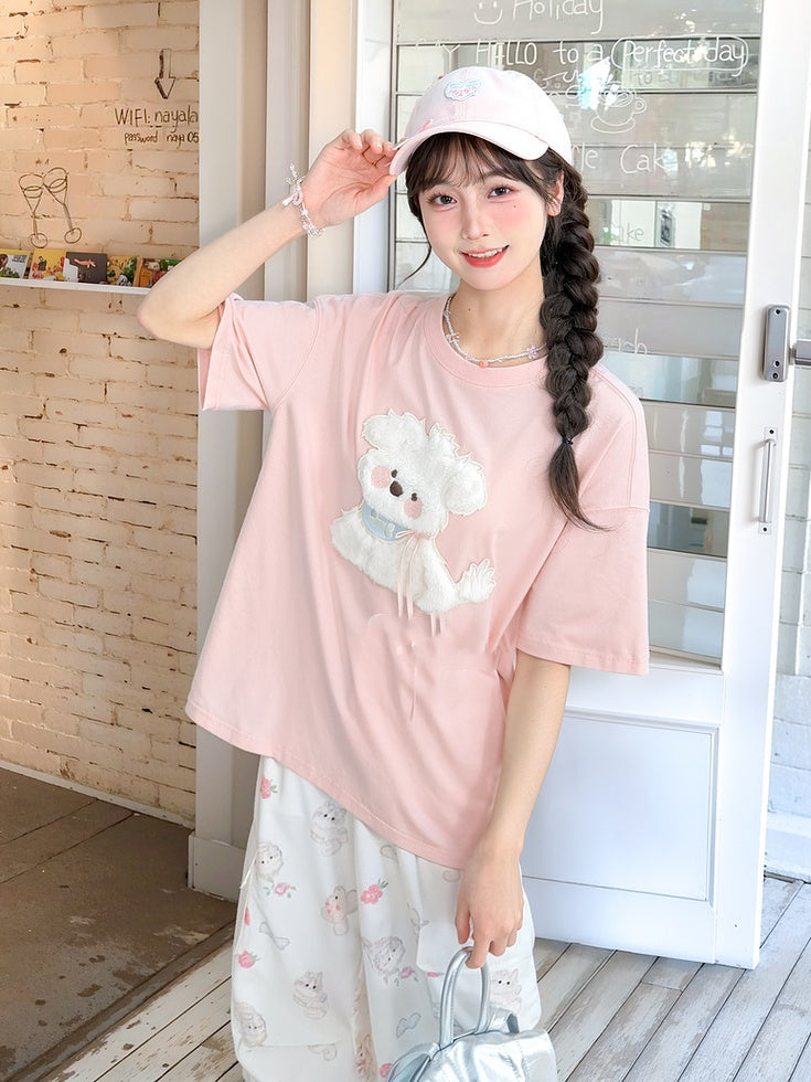 かわいいブルー/ピンクのぬいぐるみの子犬のアップリケTシャツ 夢