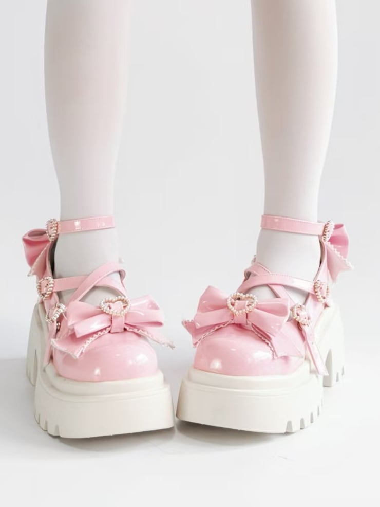 Mary Beaded Pink Details Crossed Janes with Bow Chunky Straps Heel Heart - Closure