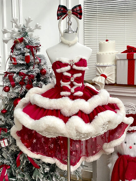Rotes weihnachtliches trägerloses Kleid mit Schneeflocken-Schleifen und Plüschbesatz