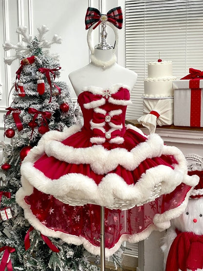 Red Christmas Snowflake Bows Decorated Bodice Winter Plush Trimming Strapless Dress