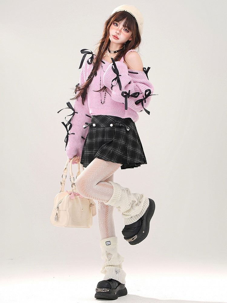 Blau/pinkes Set aus kurzem Pullover mit Schleifen an den Ärmeln und Camisole-Top