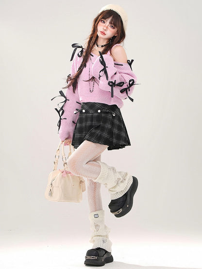 Blau/pinkes Set aus kurzem Pullover mit Schleifen an den Ärmeln und Camisole-Top