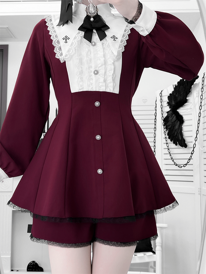 Deep Red Embroidered Set: Pointed with Kei Wine Collar Full Cross Jirai Dress