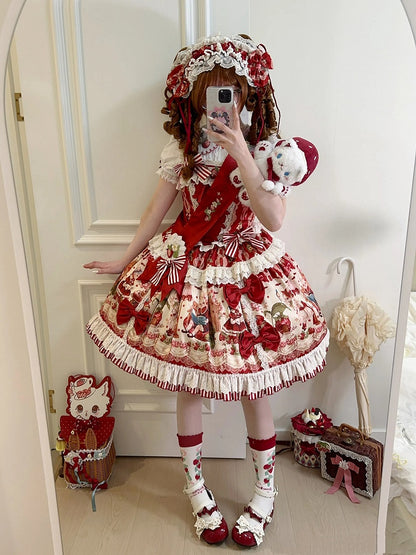 赤とイチゴのプリントドレススカートスイートロリータジャンパーバニー
