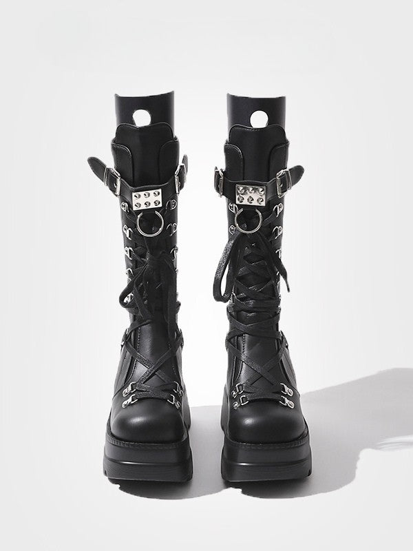Silver Gothic Buckle Mid-Calf Boots Black Studded Strap - Platform