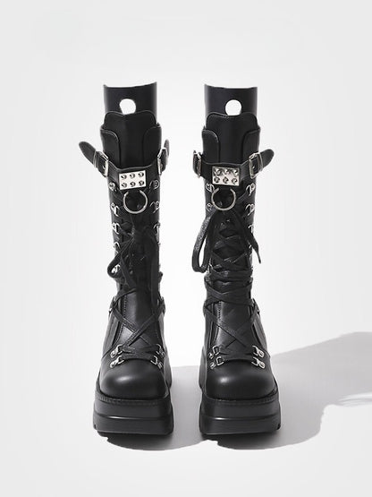Silver Gothic Buckle Mid-Calf Boots Black Studded Strap - Platform