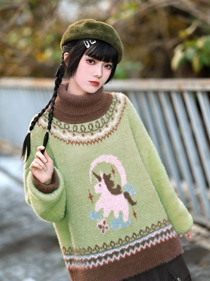Green Jacquard Unicorn High-neck Sweater Isle Fair
