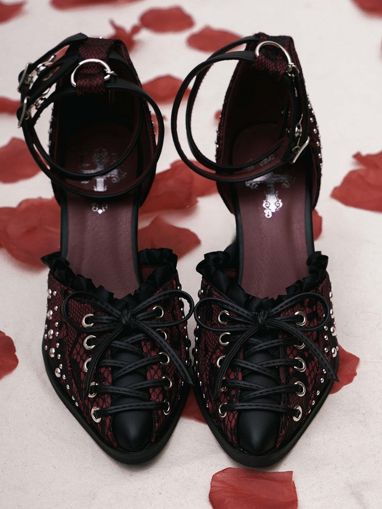 Studded Details Pointed - Cross Lacing Toe High Heels Accents with Gothic Red