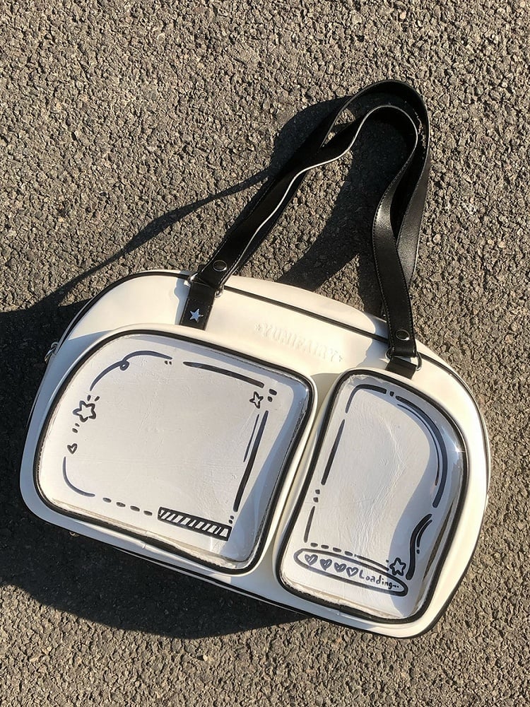 White & Black Contrast Trim Bread-shaped Ita Shoulder Bag