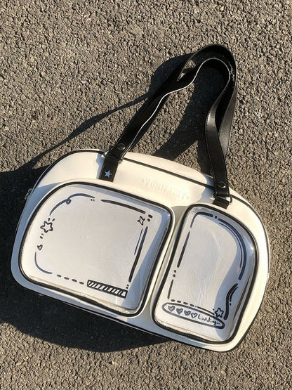 White & Black Contrast Trim Bread-shaped Ita Shoulder Bag