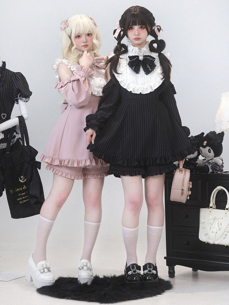 Jirai Dress Sleeve Shorts Convertible with Kei Set: 3-Way Pink Striped