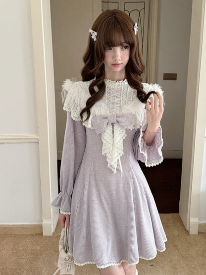Seiso-kei Cutout Shoulder Long Sleeve Knit Dress in Purple with Feather and Lace Trim - LA LA JK