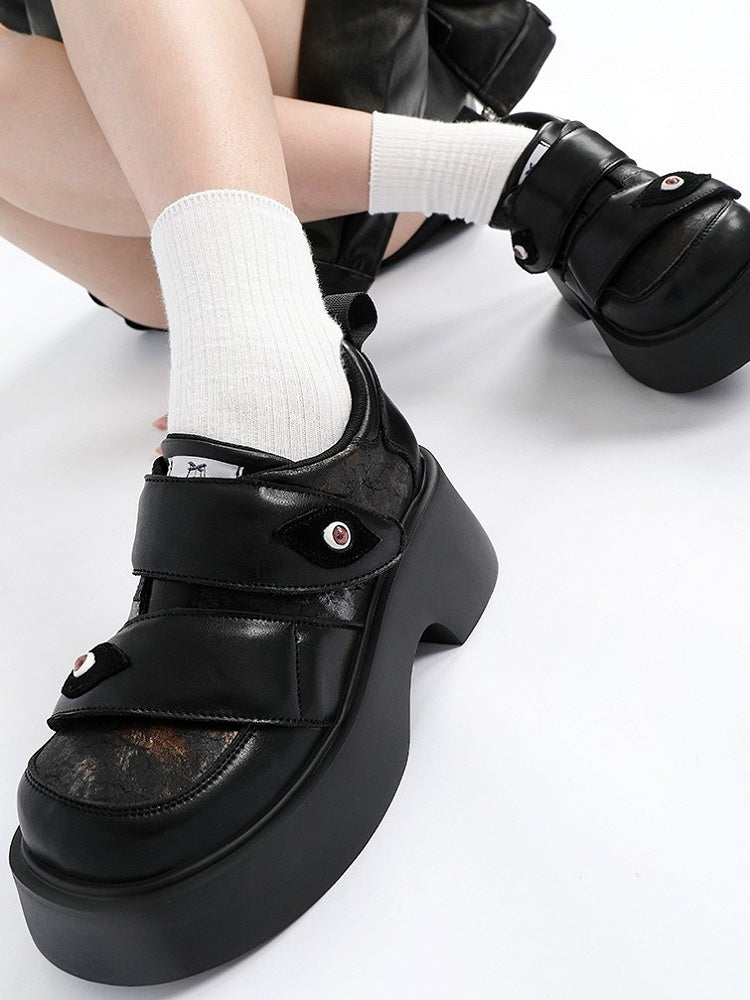 Strap Punk Eye Heels Platforms Closures Chunky - Velcro Black Demonic Patch with