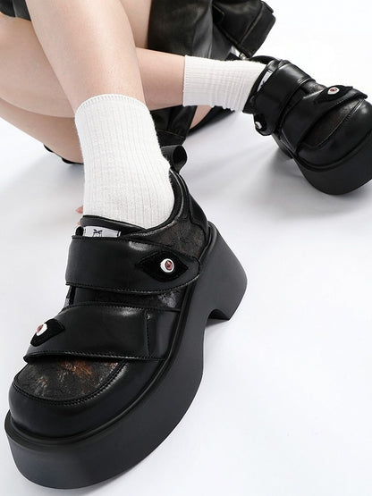 Strap Punk Eye Heels Platforms Closures Chunky - Velcro Black Demonic Patch with