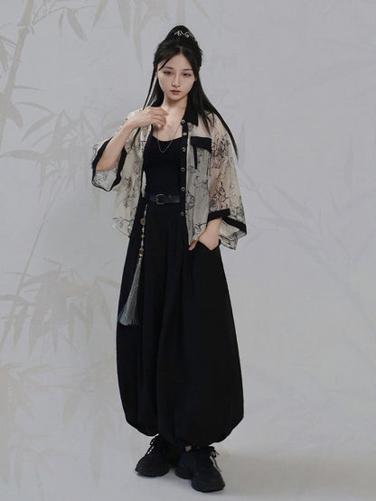 Beige Ink Wash Floral Short Sleeve Tencel Shirt and Camisole Set - Feng Hua Gui Guo Ling