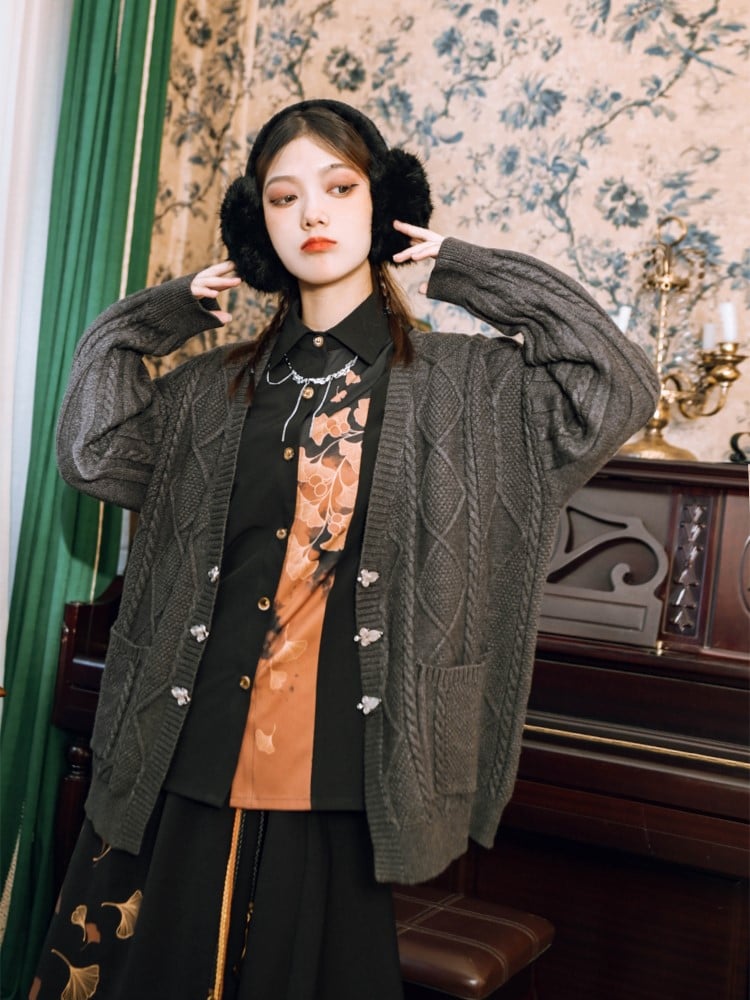 Placket Shirt Ginkgo Panel Orange Cheongsam Button-Down Black Gothic with