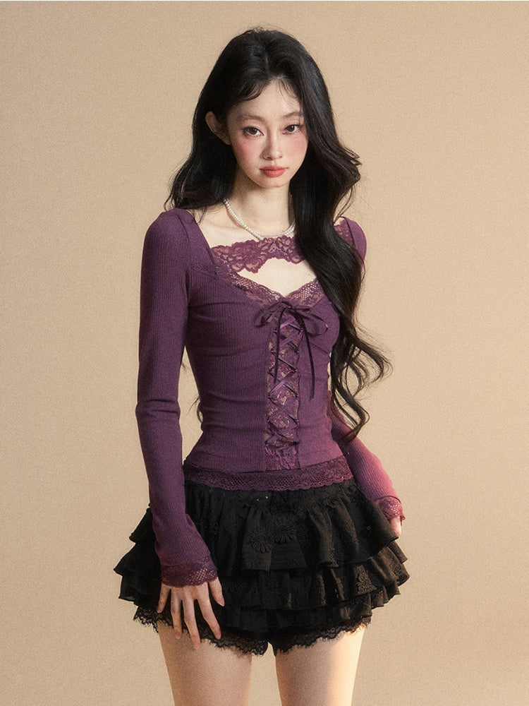 Glamouröses Top mit Schnürung, lila V-Ausschnitt, kontrastierende Spitzenaufnäher vorne