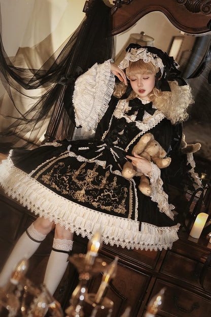 Candle Embroidery Bell-Sleeve Velvet OP Gown - Bramble Rose