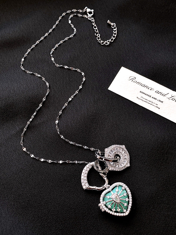 And Necklace Bittersweet Y2K Heart Cross Pendant Pink/Blue/Green Rhinestone