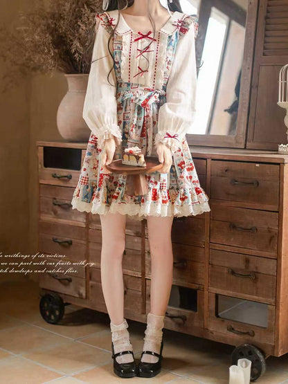 Red with Style Patchwork Long Lolita Blue Showa Dress: Sleeve Belt Sweet Waist Retro