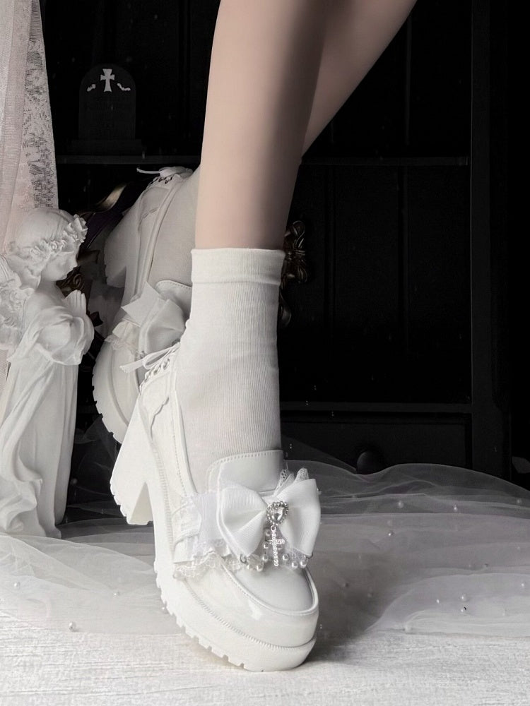 White Kawaii Shoes with Bow, Lace & Heart Crystal Detail - Sarina