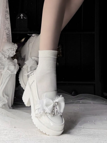White Kawaii Shoes with Bow, Lace & Heart Crystal Detail - Sarina