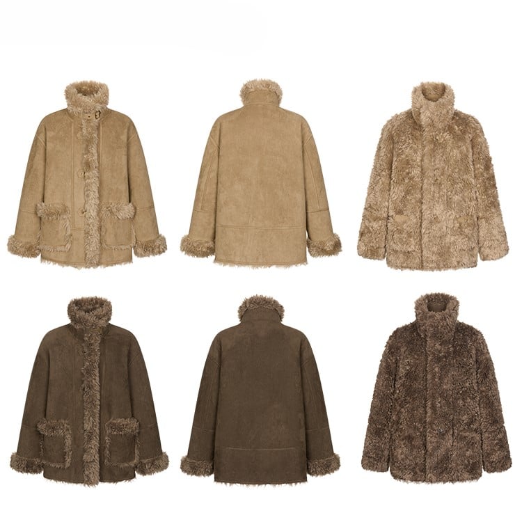 Reversible Suede and Fleece Coat with Fluffy Accents Khaki/Dark Brown