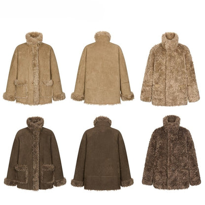 Reversible Suede and Fleece Coat with Fluffy Accents Khaki/Dark Brown