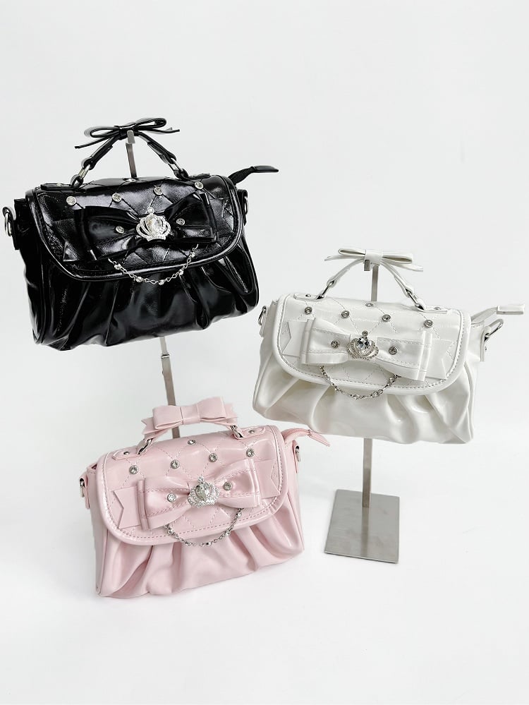 Hand/Crossbody Kei Rhinestone Detachable White Accent Bag Crown-Embellished Strap Bow in Jirai