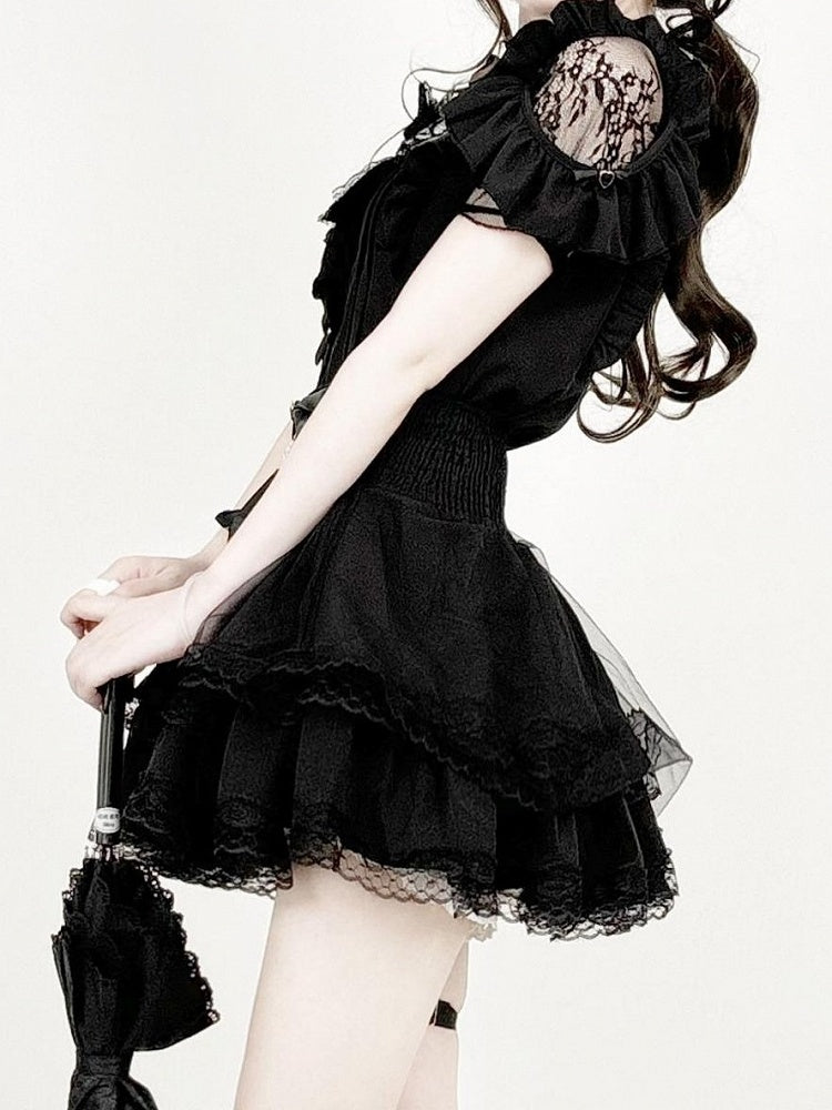 Midnight Lace-Shoulder Ruffle Blouse with Cutout Accents - AMAHAKAWA