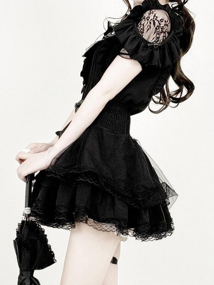 Midnight Lace-Shoulder Ruffle Blouse with Cutout Accents - AMAHAKAWA
