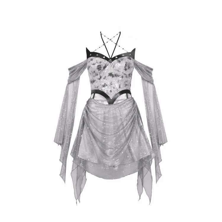 Kleid Cyberpunk Futuristisch Silber Krawatte Neckholder Midriff Dye Y3K Fashion Cutout