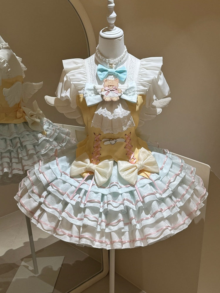 Bear Angel Lolita Full Set: Short-Sleeve Top, Ruffle Skirt, Wings & Bow - Sweet Dream Box
