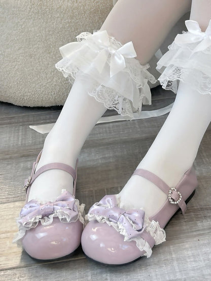 Sweet Purple Flat Mary Janes - Polka-dot Top Bow, Lace Details & Rhinestone Heart Clasp