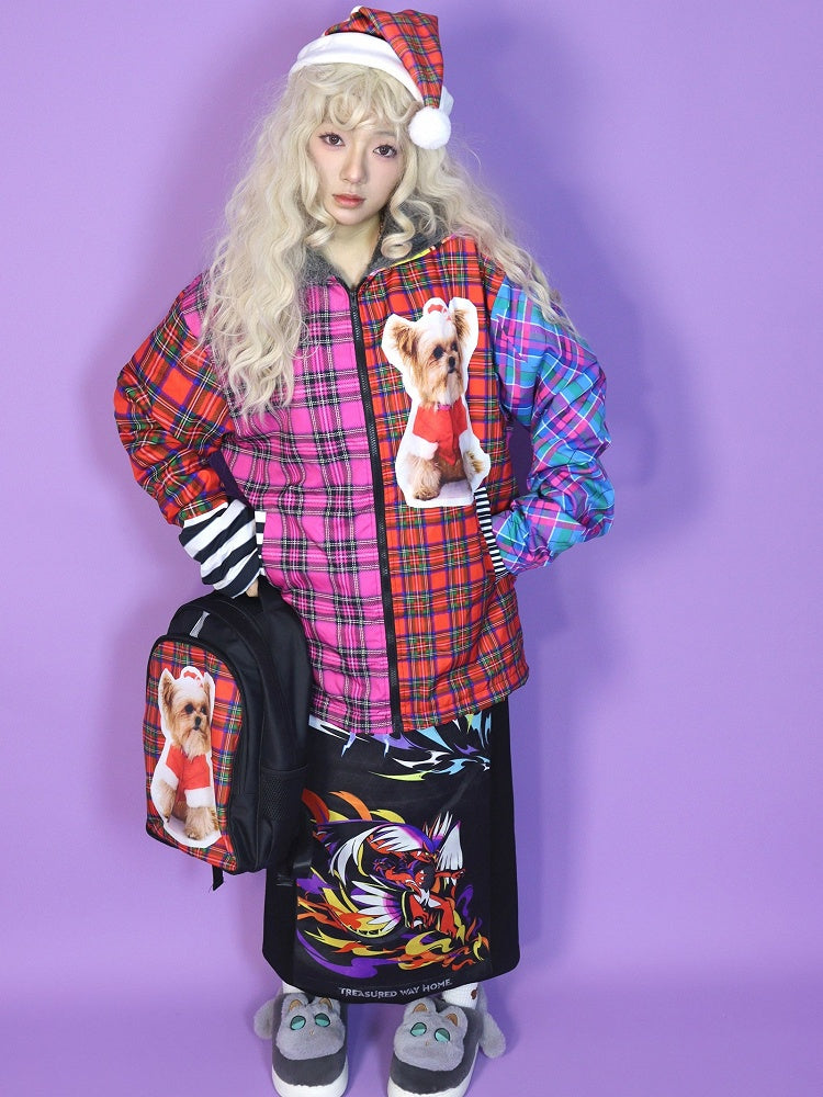 クリスマス Y2K カラフルオーバーサイズ フード付きフリース裏地ジャケット チェック柄と子犬プリント