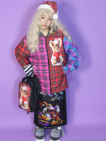 クリスマス Y2K カラフルオーバーサイズ フード付きフリース裏地ジャケット チェック柄と子犬プリント
