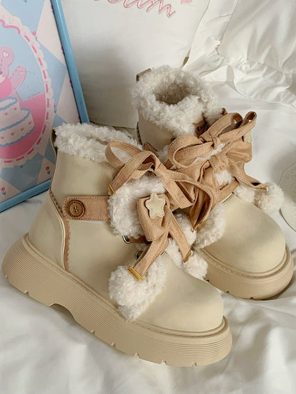 - Apricot Pompom 5.5cm Platform Fastening Lolita Bow Sweet Beige with Lining Ankle Boots Dual Plush