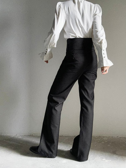 Waistband Straight-Leg Flare with Black High-Waisted Ouji Pants Vertical Lolita Buttoned