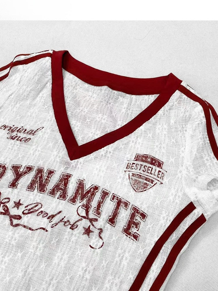 Print Glamorous WhiteRed Letter Lace V-neck T-shirt Y2K