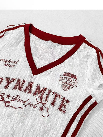 Print Glamorous WhiteRed Letter Lace V-neck T-shirt Y2K